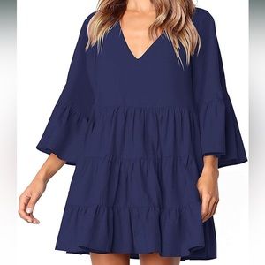 Navy Blue Bell Sleeve V-neck Tiered Mini Dress XL NWT